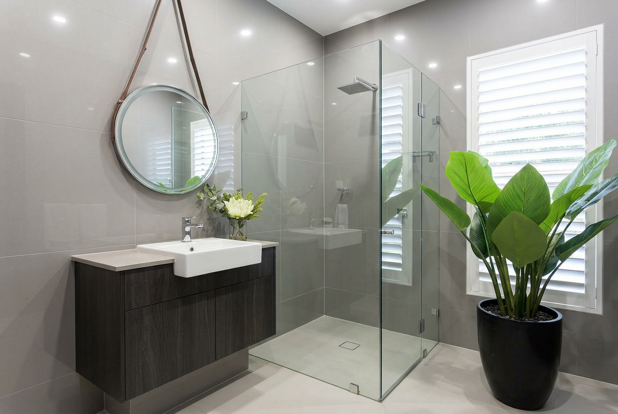 Sydney ensuite renovation with frameless glass shower, floating vanity and round mirror